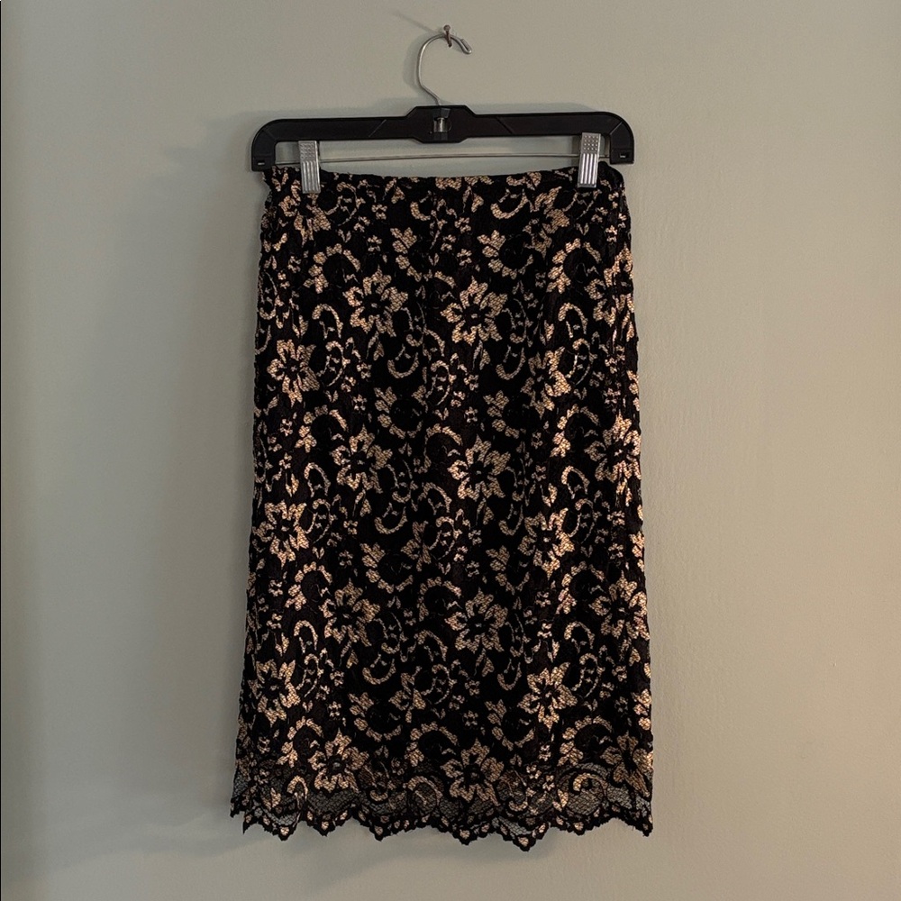 ABS Allen Schwartz Vintage Gold Black Floral Lace Skirt Women’s Size S Small